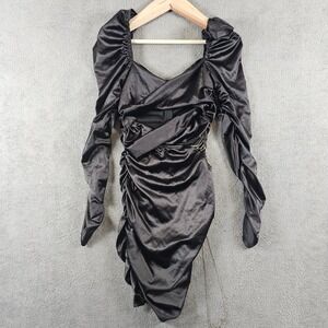 Do My Self Black Satin Ruched Mini Dress Rhinestone Chain Fringe Puff Sleeve M